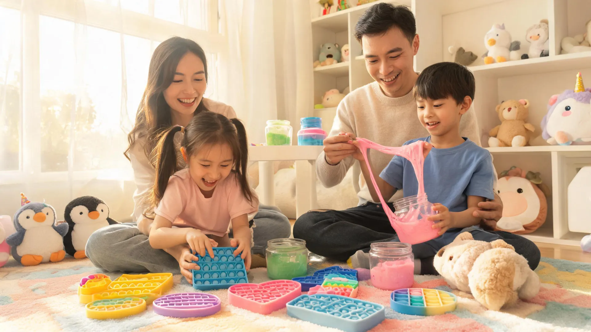 Children sharing colorful pop-it fidget toys
